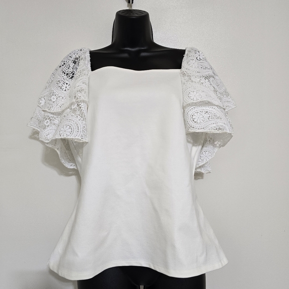 BOSTON PROPER Square Neck Crochet Ruffle Sleeve Stretch Blouse Large Off-White - Picture 2 of 16